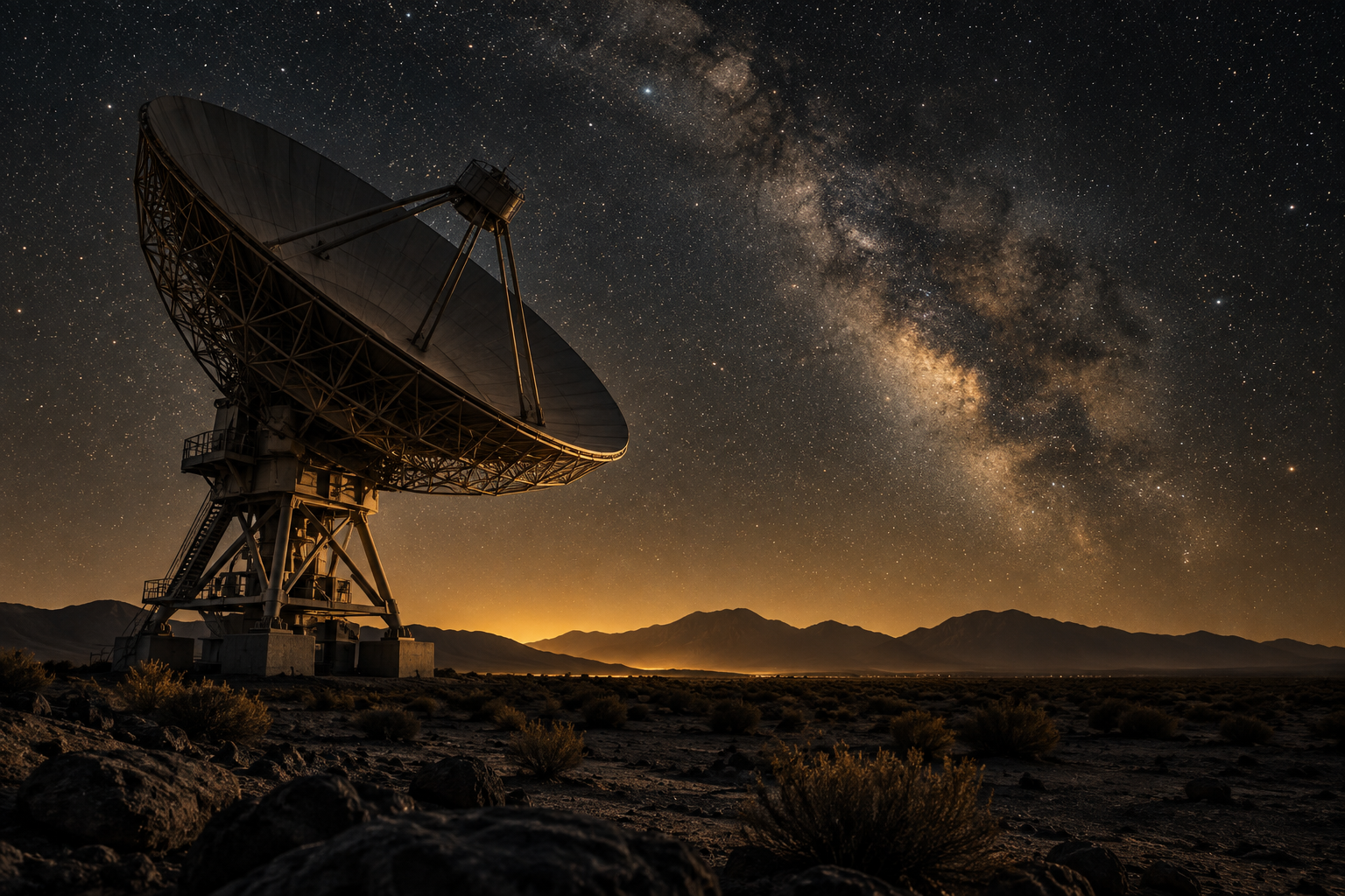 Conceptual night-sky artwork with a desert radio telescope